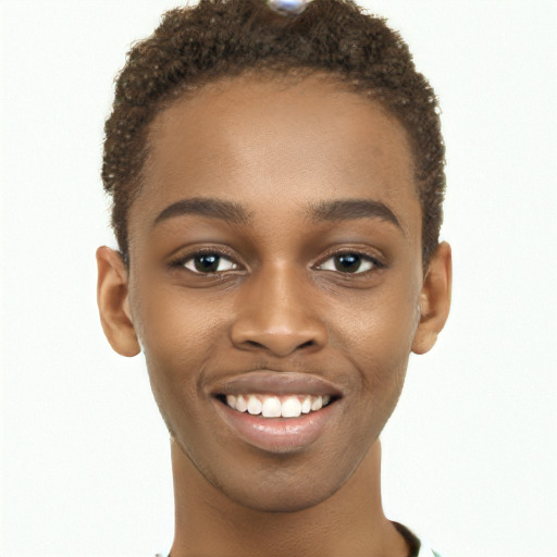 Joyful black young-adult male with short  brown hair and brown eyes