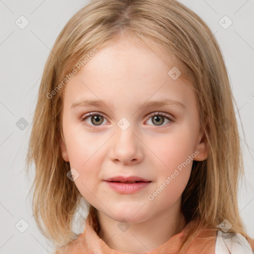 Neutral white child female with medium  brown hair and blue eyes