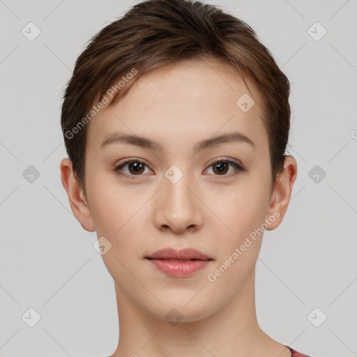 Neutral white young-adult female with short  brown hair and brown eyes