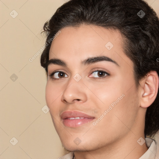 Joyful white young-adult male with medium  brown hair and brown eyes