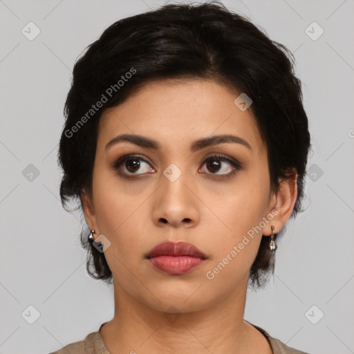 Neutral asian young-adult female with medium  black hair and brown eyes