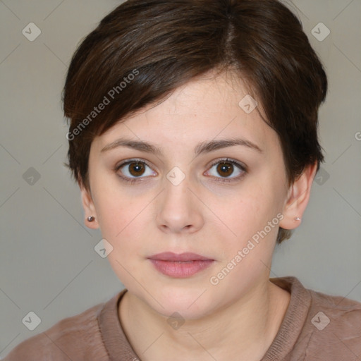 Neutral white young-adult female with short  brown hair and brown eyes