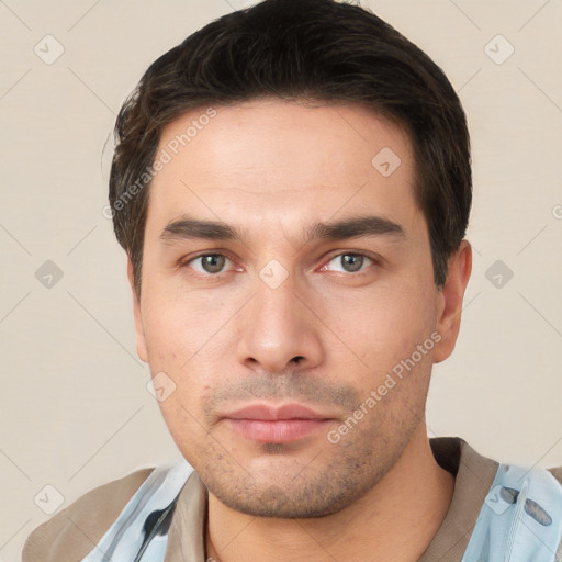 Neutral white young-adult male with short  brown hair and brown eyes