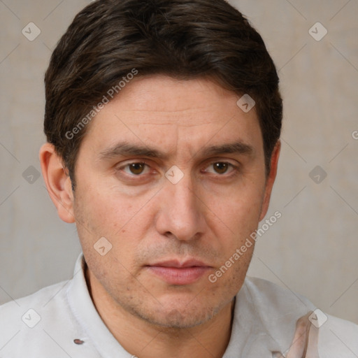 Neutral white adult male with short  brown hair and brown eyes