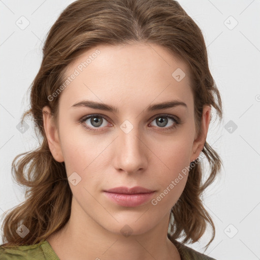 Neutral white young-adult female with medium  brown hair and brown eyes