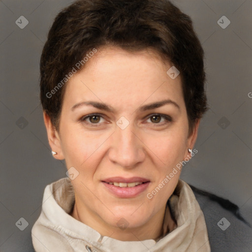 Joyful white adult female with short  brown hair and brown eyes