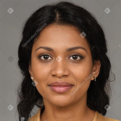 Joyful black young-adult female with medium  brown hair and brown eyes