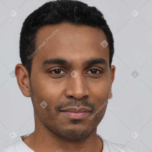 Neutral latino young-adult male with short  black hair and brown eyes