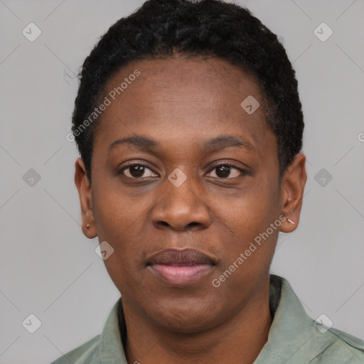 Neutral black young-adult female with short  black hair and brown eyes