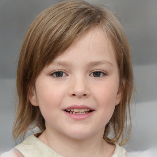 Joyful white child female with medium  brown hair and blue eyes