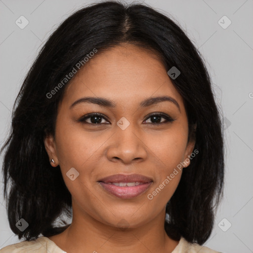 Joyful latino young-adult female with medium  brown hair and brown eyes