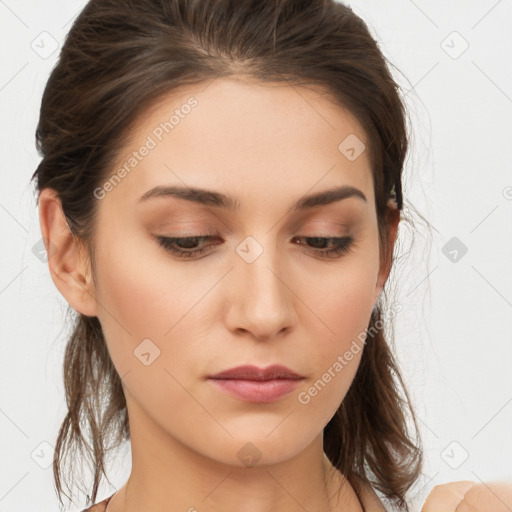Neutral white young-adult female with medium  brown hair and brown eyes