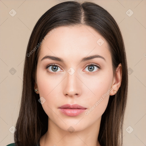 Neutral white young-adult female with long  brown hair and brown eyes