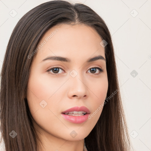 Neutral white young-adult female with long  brown hair and brown eyes