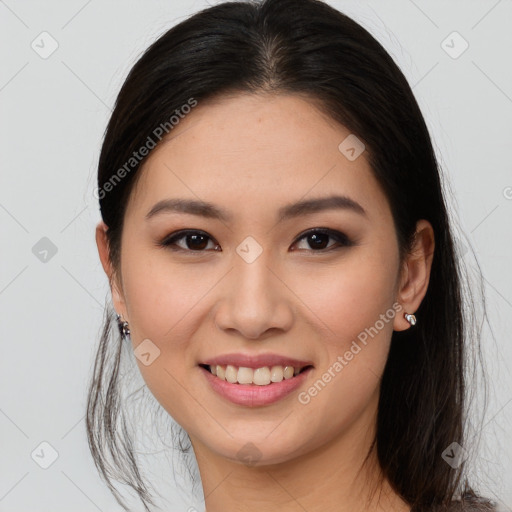 Joyful white young-adult female with medium  brown hair and brown eyes