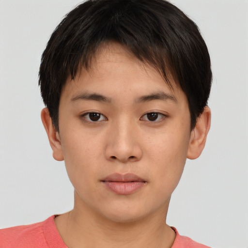 Neutral asian young-adult female with short  brown hair and brown eyes