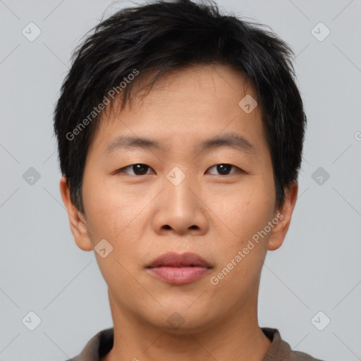 Neutral asian young-adult male with short  brown hair and brown eyes