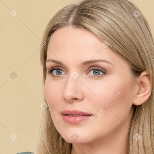 Neutral white young-adult female with long  brown hair and grey eyes