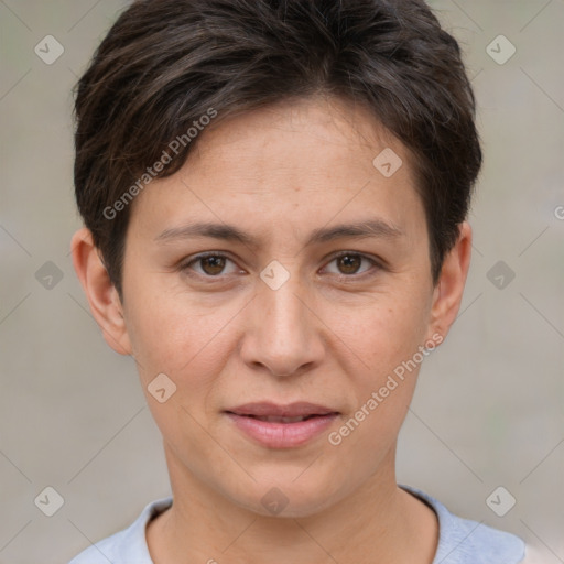 Joyful white young-adult female with short  brown hair and brown eyes