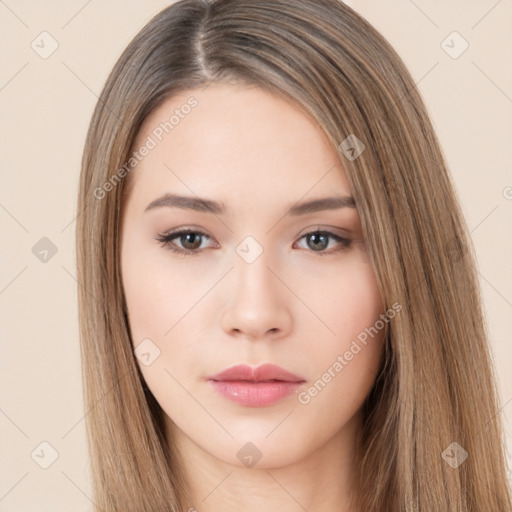 Neutral white young-adult female with long  brown hair and brown eyes