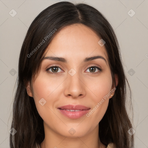 Joyful white young-adult female with long  brown hair and brown eyes