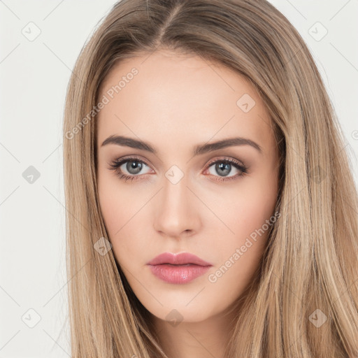 Neutral white young-adult female with long  brown hair and brown eyes