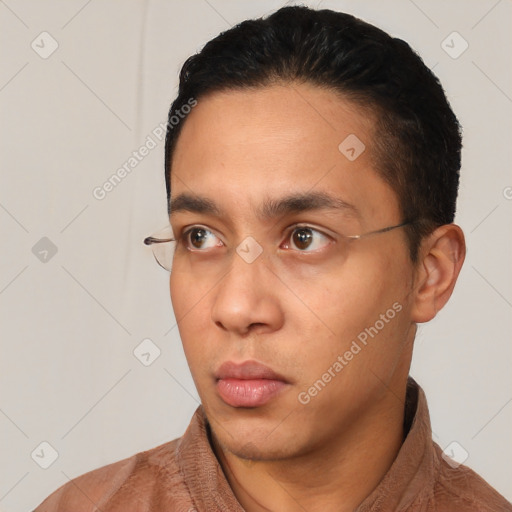 Neutral latino young-adult male with short  black hair and brown eyes