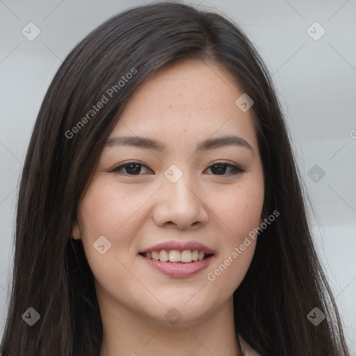 Joyful white young-adult female with long  brown hair and brown eyes