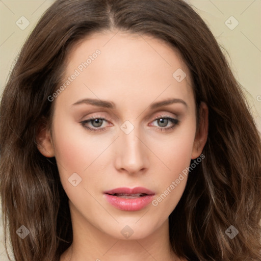 Neutral white young-adult female with long  brown hair and green eyes