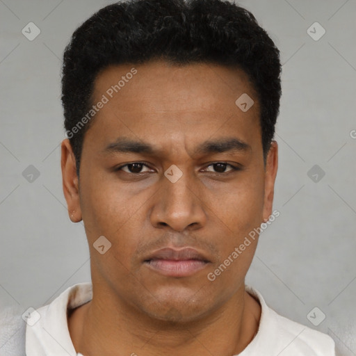 Neutral latino young-adult male with short  black hair and brown eyes