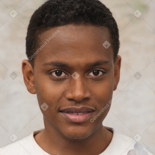 Joyful black young-adult male with short  brown hair and brown eyes