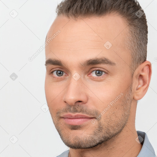 Neutral white young-adult male with short  brown hair and brown eyes