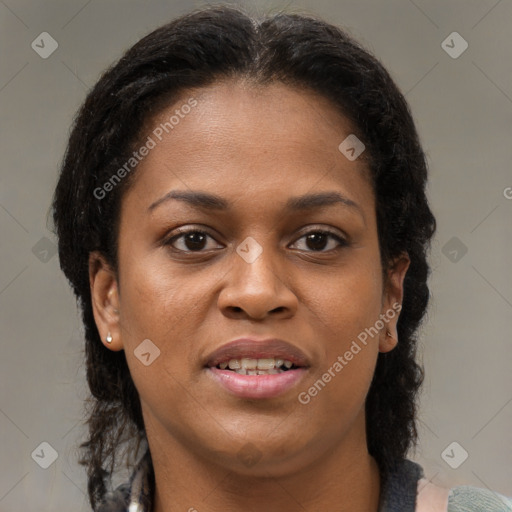 Joyful black young-adult female with medium  brown hair and brown eyes