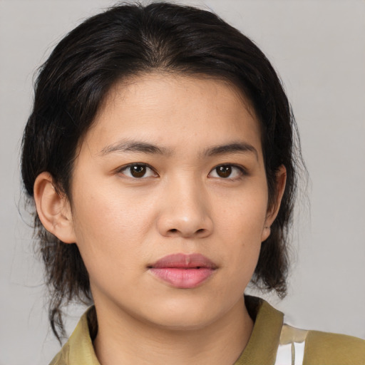 Neutral asian young-adult female with medium  brown hair and brown eyes