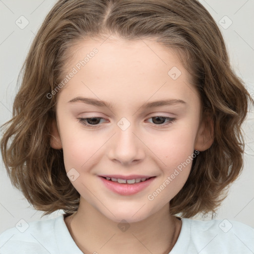 Joyful white child female with medium  brown hair and brown eyes