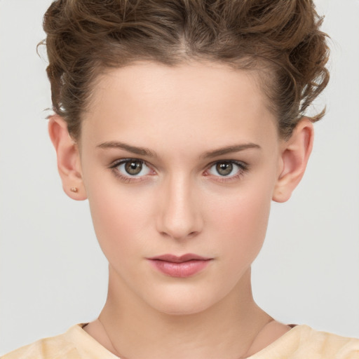 Neutral white young-adult female with short  brown hair and brown eyes