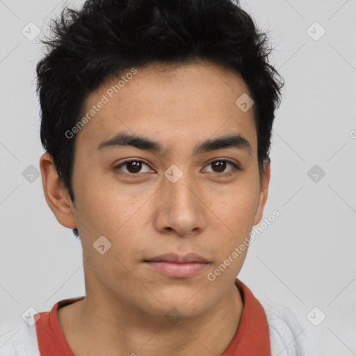 Neutral latino young-adult male with short  brown hair and brown eyes