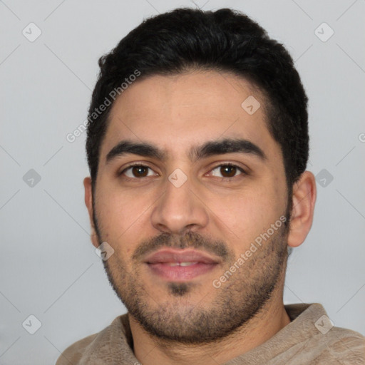 Neutral white young-adult male with short  black hair and brown eyes