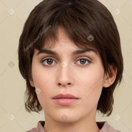 Neutral white young-adult female with medium  brown hair and brown eyes