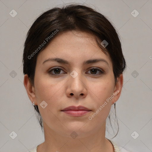 Neutral white young-adult female with medium  brown hair and brown eyes