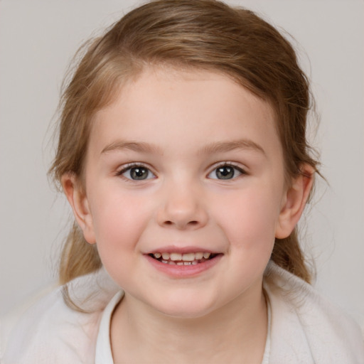 Joyful white child female with medium  brown hair and blue eyes