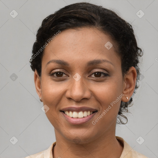 Joyful latino young-adult female with short  brown hair and brown eyes