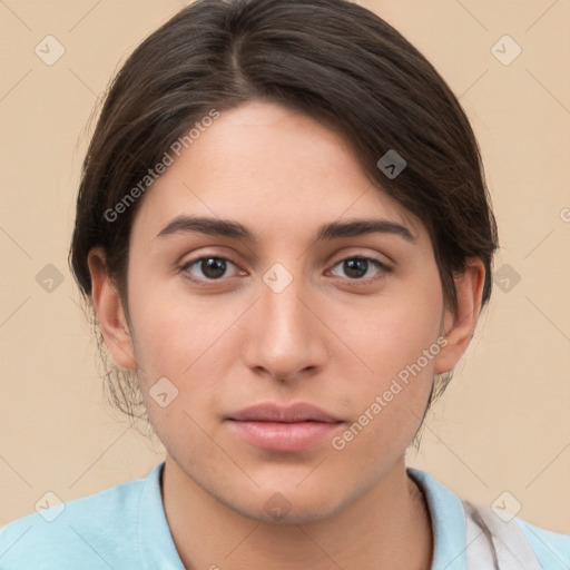 Neutral white young-adult female with medium  brown hair and brown eyes