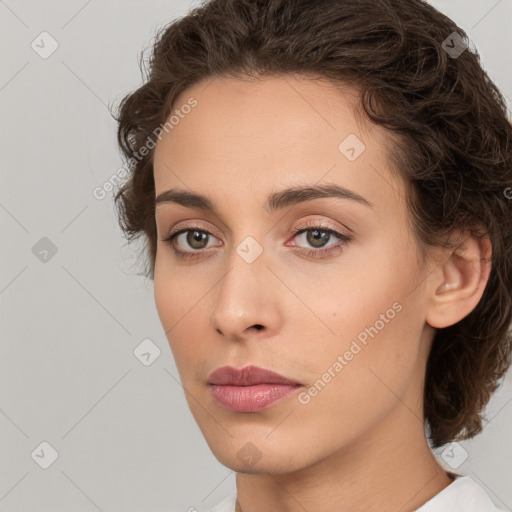 Neutral white young-adult female with medium  brown hair and brown eyes