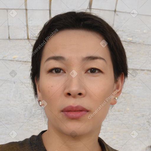 Neutral white young-adult female with short  brown hair and brown eyes