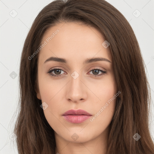 Neutral white young-adult female with long  brown hair and brown eyes