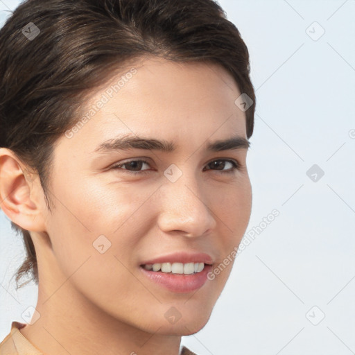 Joyful white young-adult male with medium  brown hair and brown eyes