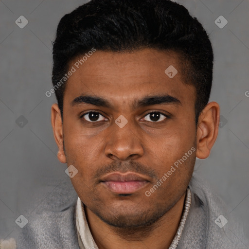 Neutral latino young-adult male with short  black hair and brown eyes