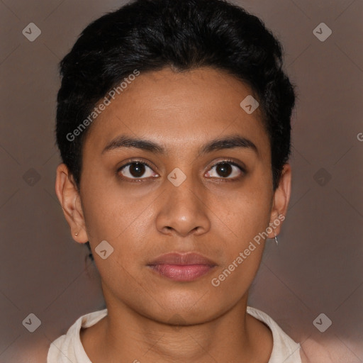 Neutral latino young-adult female with short  black hair and brown eyes