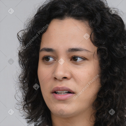 Joyful asian young-adult female with long  brown hair and brown eyes